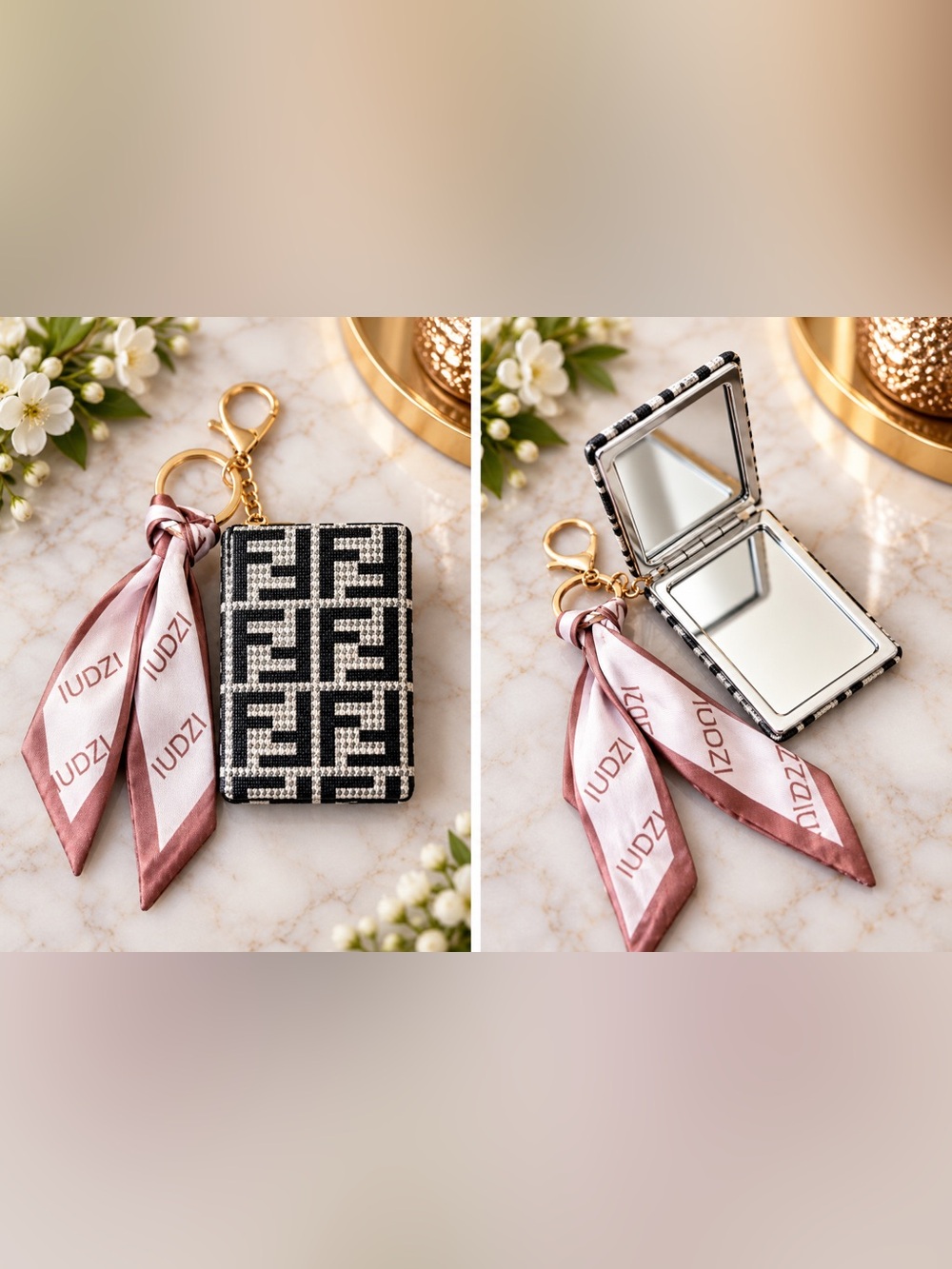 Black & Gray Compact Mirror Keyring with Accent Scarf